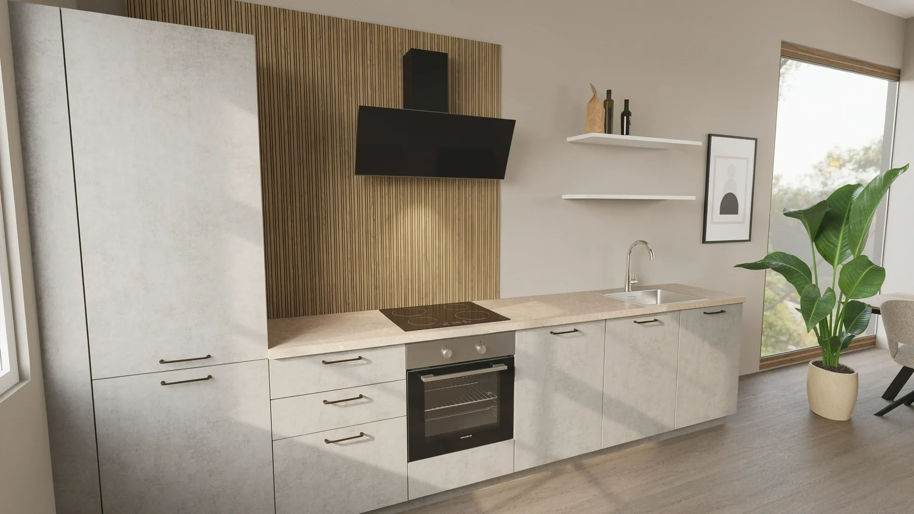 EcoKitchen Quadra Harmaa Betoni Suoran Seinän Keittiö 0