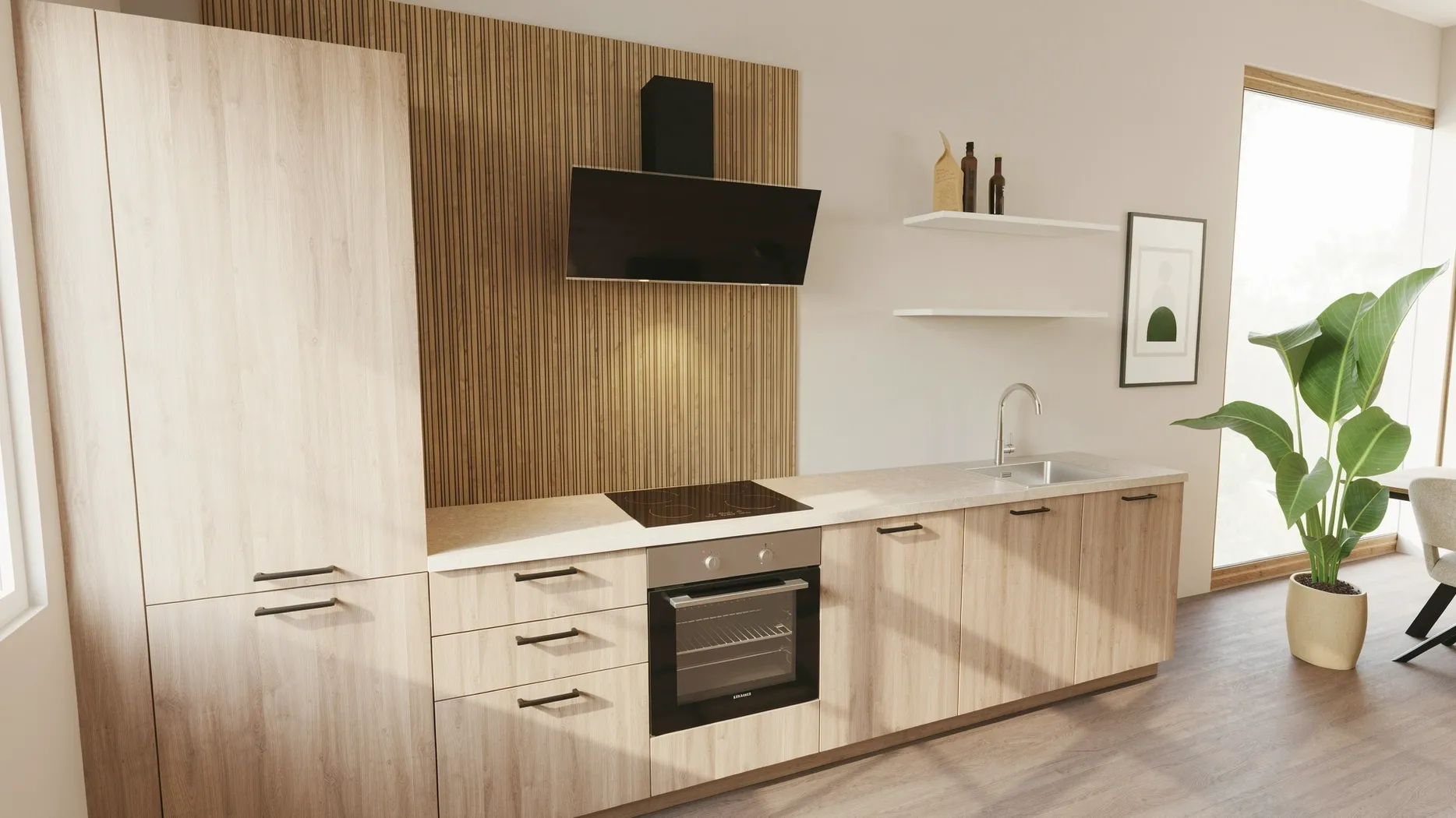 EcoKitchen Quadra Tammi Bergamo Suoran Seinän Keittiö 0