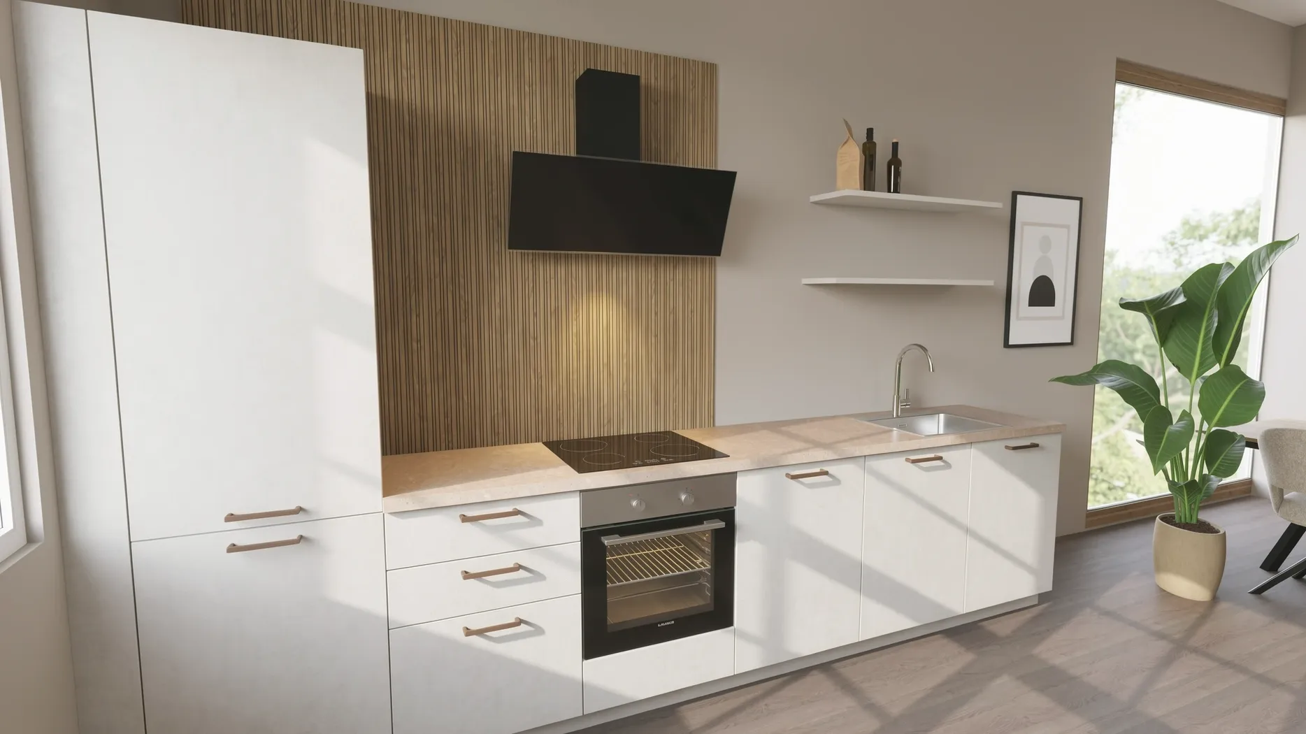 EcoKitchen Quadra Valkoinen Betoni Suoran Seinän Keittiö 0